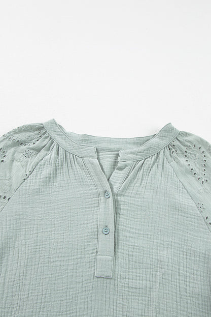 Mist Green Crinkled Eyelet Raglan Sleeve Top Ruffled Shorts Set