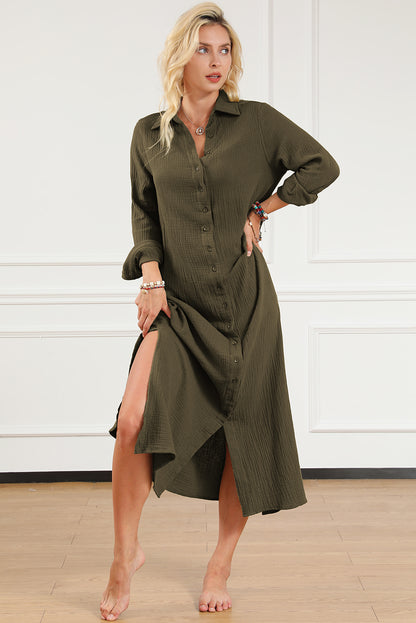 Green Crinkle Button Up Casual Split Shirt Maxi Dress