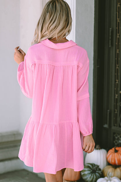 Pink Turn-down Neck Textured Bubble Sleeve Dress