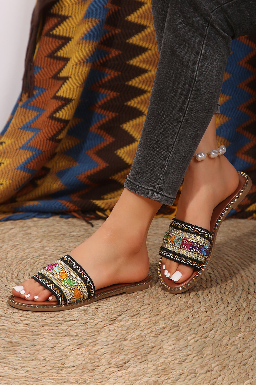 Chestnut Bohemian Pattern Crochet Faux Leather Beach Slippers