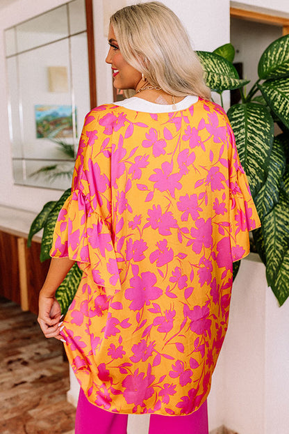 Orange Ruffled 3/4 Sleeve Floral Kimono