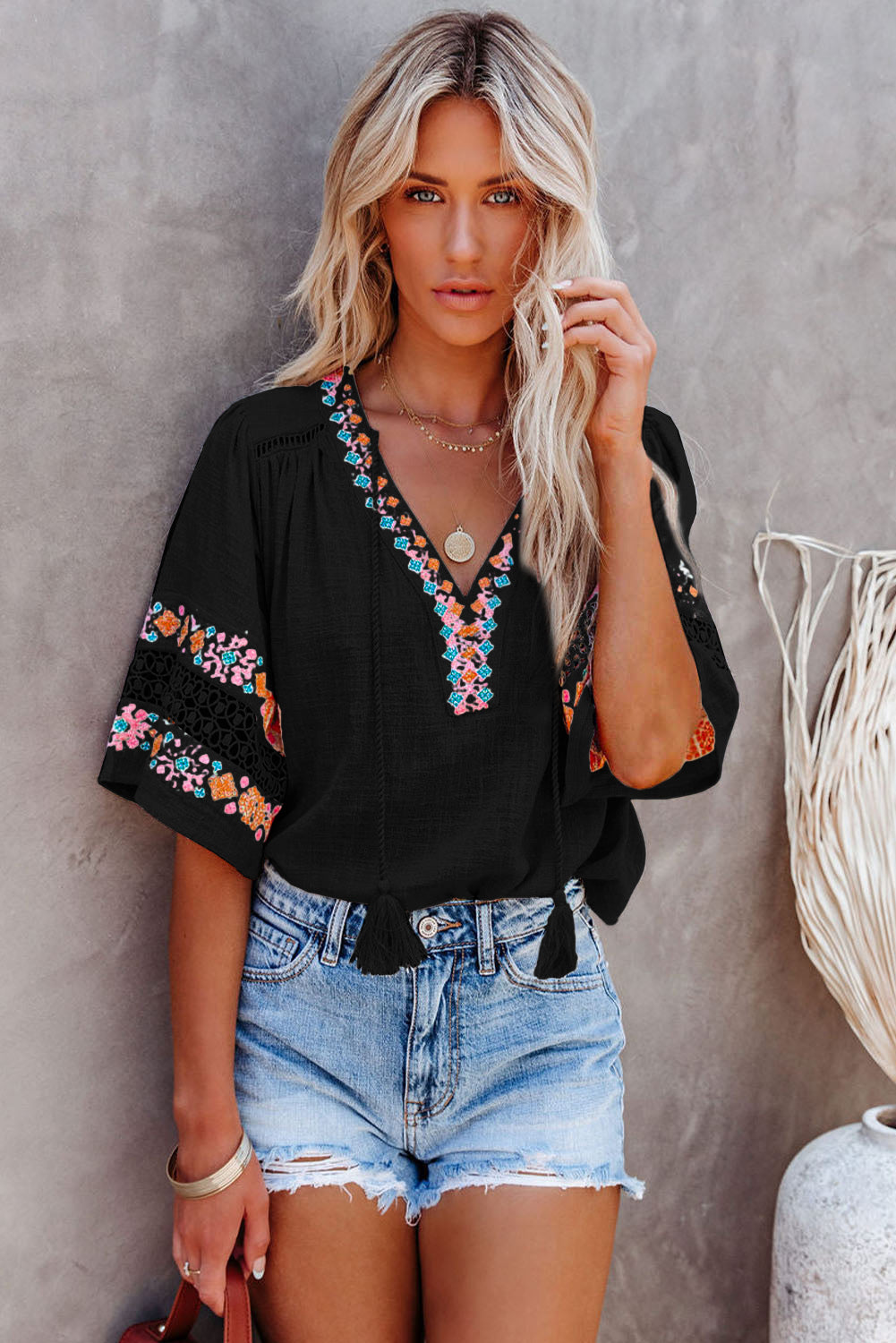 Black Tassel Drawstring Embroidered Half Sleeve V Neck Top