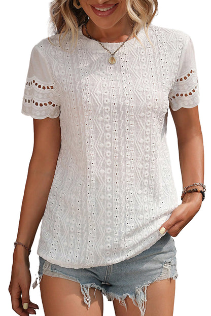 White Eyelet Embroidery Scalloped Short Sleeve Top