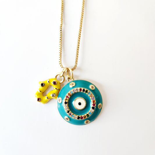 Evil Eye & Hamsa Charm Necklace (Teal)