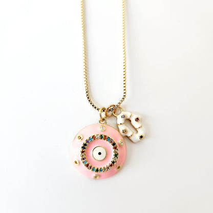 Evil Eye & Hamsa Charm Necklace (Pink)