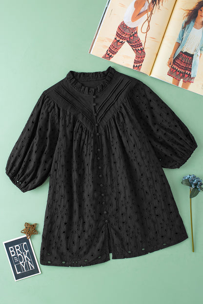 Black Flower Embroidered Hollow-out Puff Sleeve Blouse