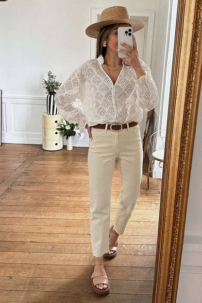 White Fanshaped Lace Hollow out Split Neck Puff Sleeve Blouse