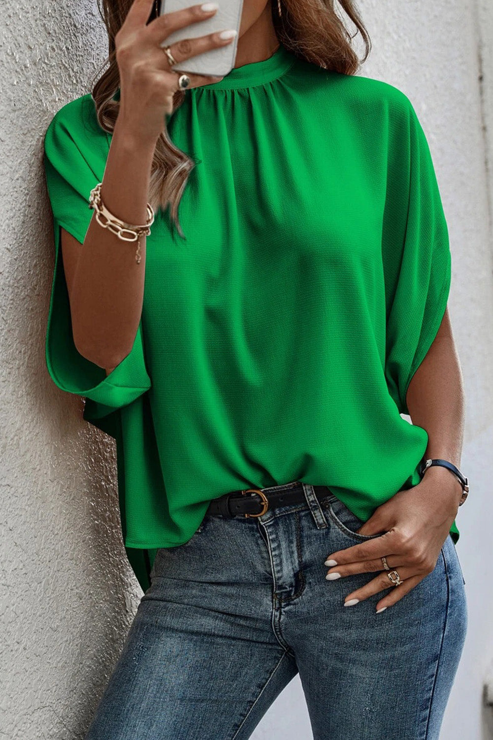 Bright Green Solid Mock Neck Split Batwing Sleeve Blouse