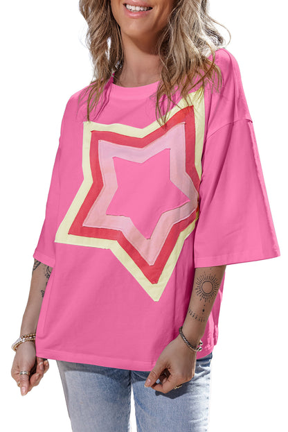 Bonbon Colorblock Star Patched Half Sleeve Oversized Tee