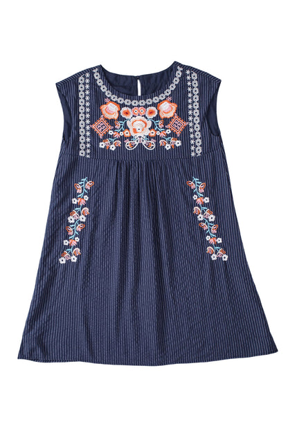 Blue Embroidered Striped Print Sleeveless Mini Dress