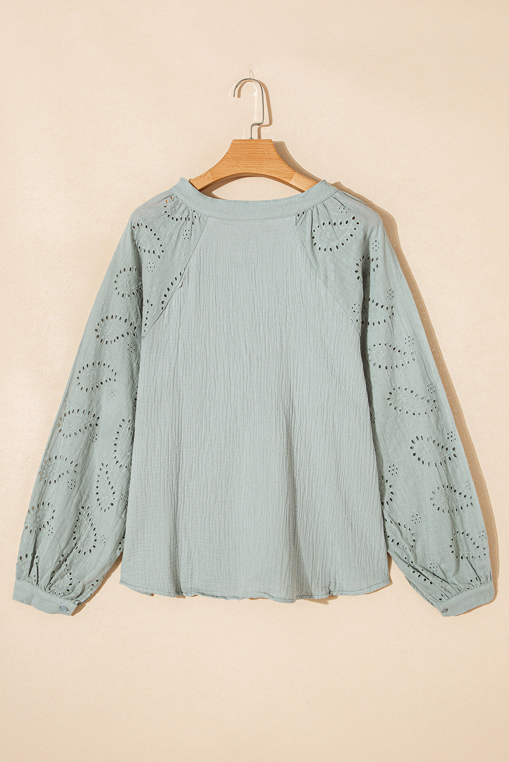 Mist Green Crinkled Eyelet Raglan Sleeve Top Ruffled Shorts Set