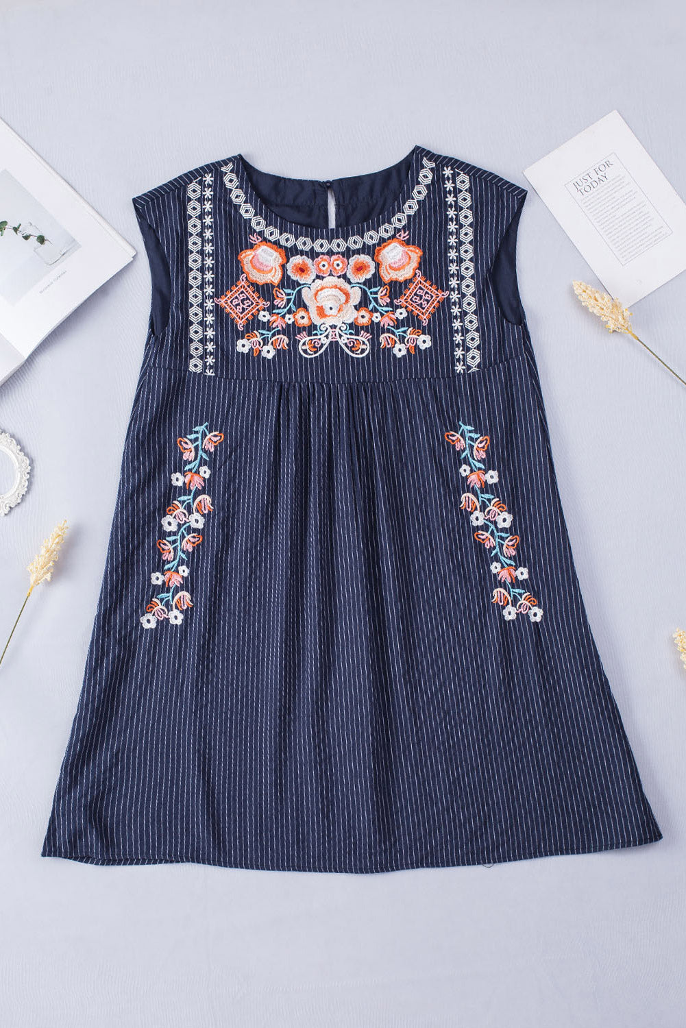 Blue Embroidered Striped Print Sleeveless Mini Dress