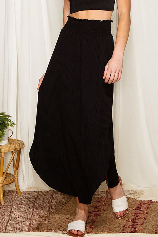 Black Smocked High Waist Maxi Skirt with Slit