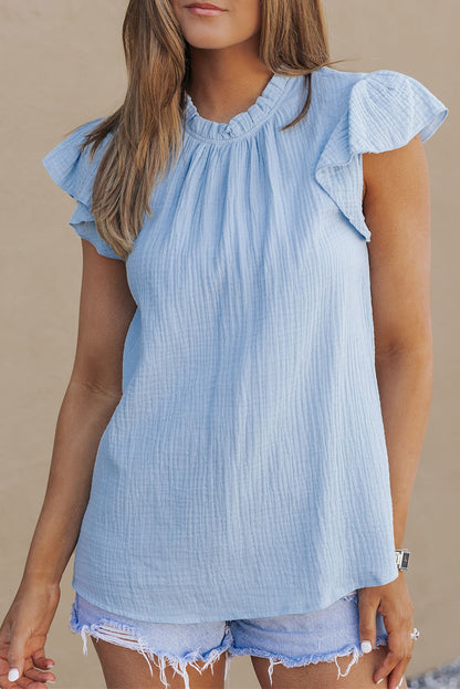 Sky Blue Flutter Sleeve Frilled Neck Textured Blouse