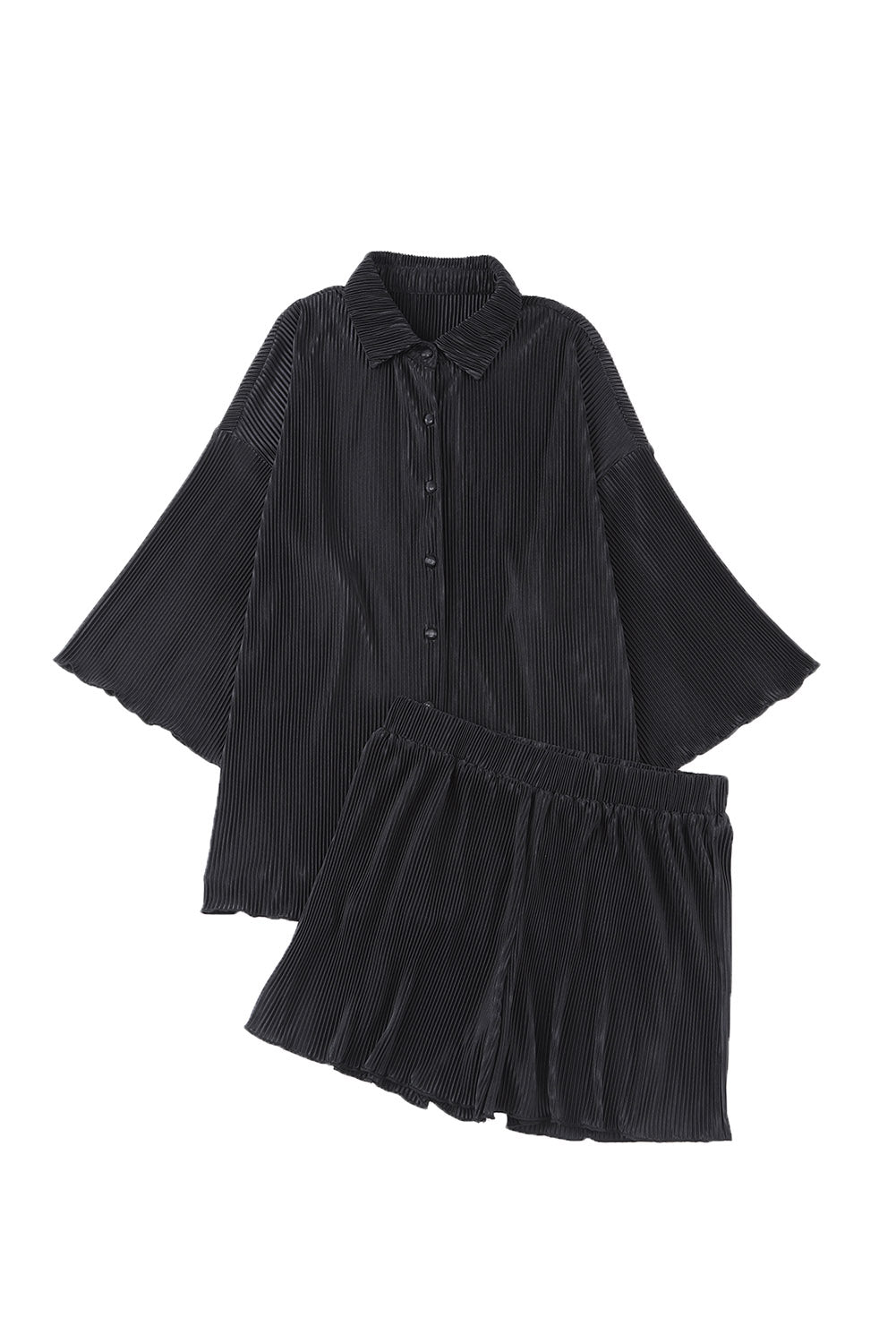 Black 3/4 Sleeves Pleated Shirt and High Waist Shorts Lounge Set