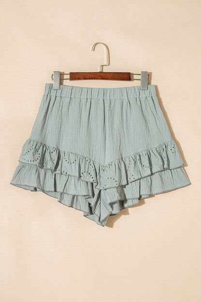 Mist Green Crinkled Eyelet Raglan Sleeve Top Ruffled Shorts Set