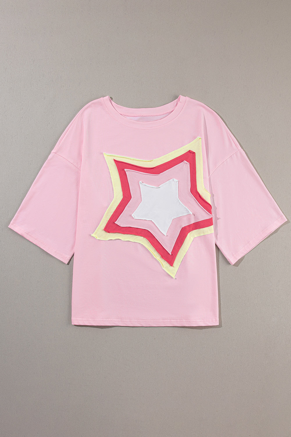 Light Pink Colorblock Star Patched Half Sleeve Oversized Tee