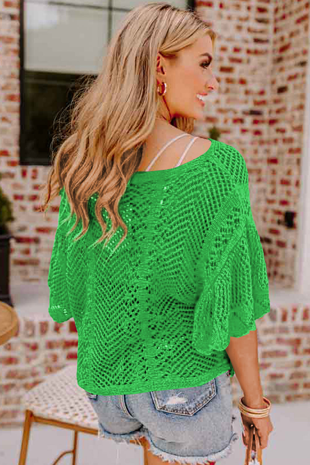 Green Pointelle Knit Scallop Edge Short Sleeve Top