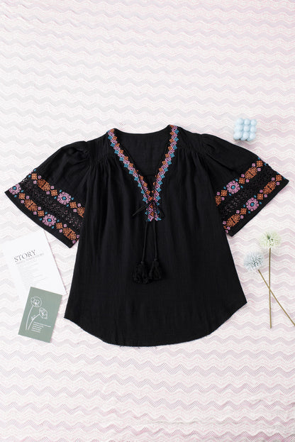 Black Tassel Drawstring Embroidered Half Sleeve V Neck Top