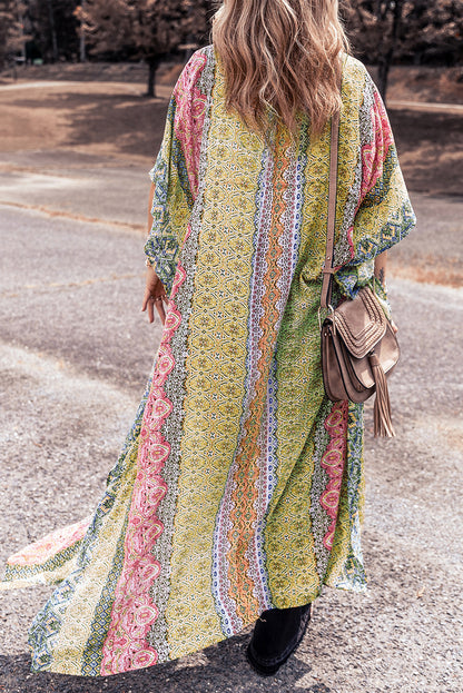 Pink Retro Printed Boho Duster Kimono