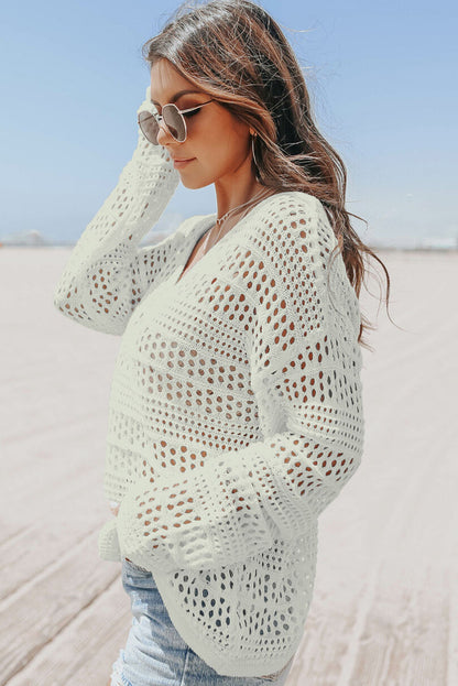 White Hollow Out Crochet V Neck Pullover Sweater