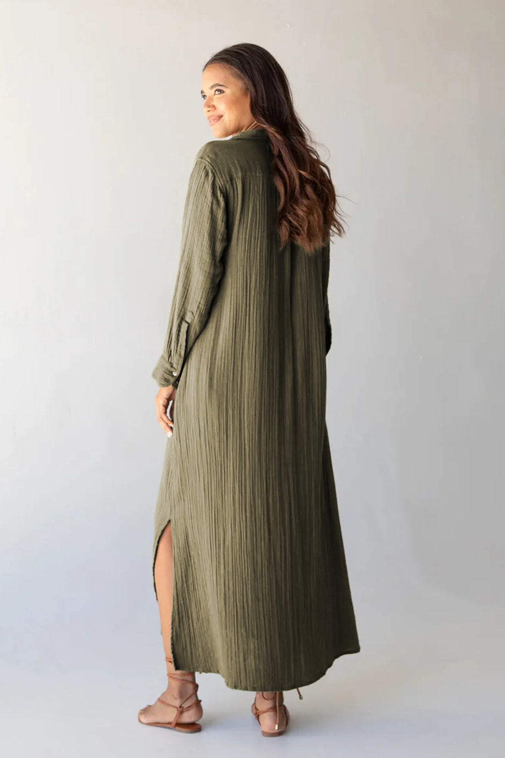 Green Crinkle Button Up Casual Split Shirt Maxi Dress