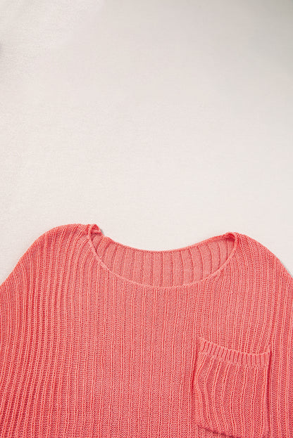 Fresh Salmon Rolled Cuffs Loose Knit Tee with Slits