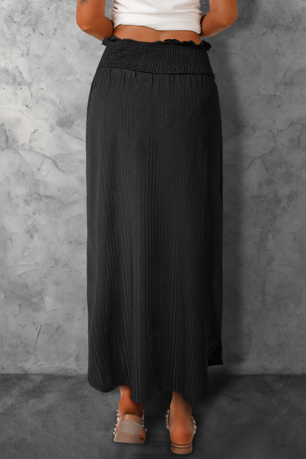 Black Smocked High Waist Maxi Skirt with Slit