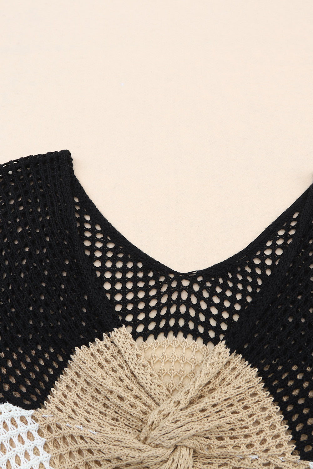 Black Color Block Eyelet Long Sleeve Twisted Back Knit Top