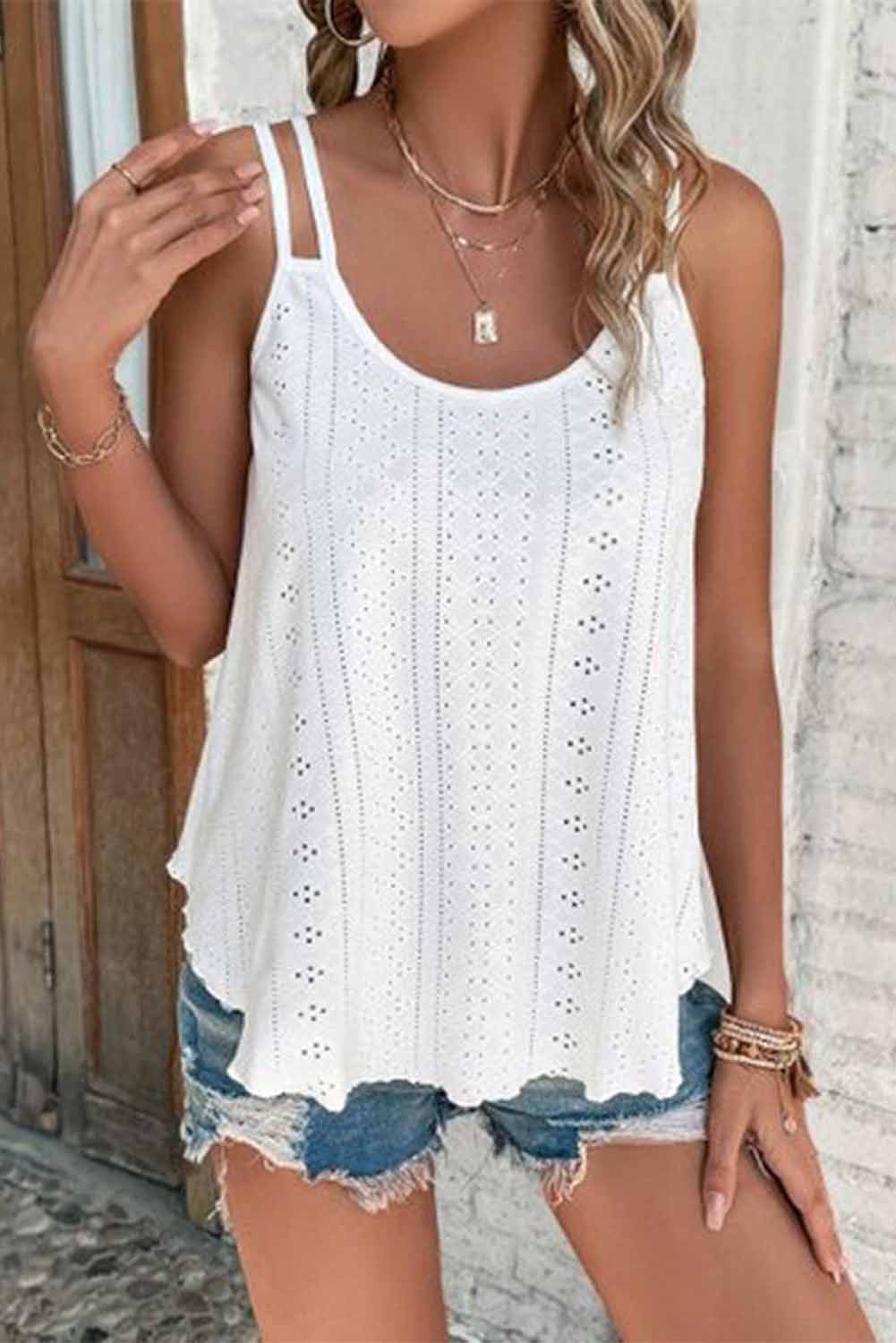 White Eyelet Strappy Scoop-Neck Tank Top