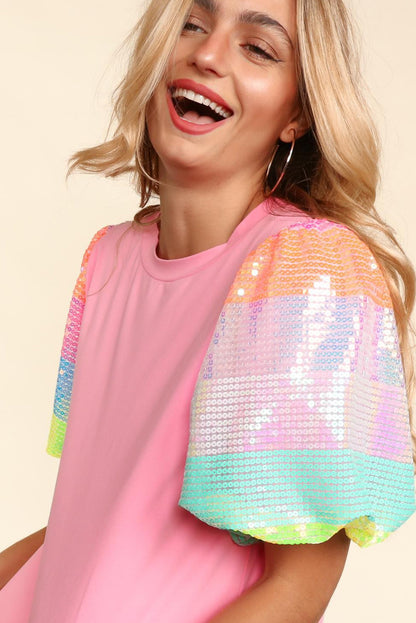 Pink Sequin Colorblock Striped Puff Sleeve Top