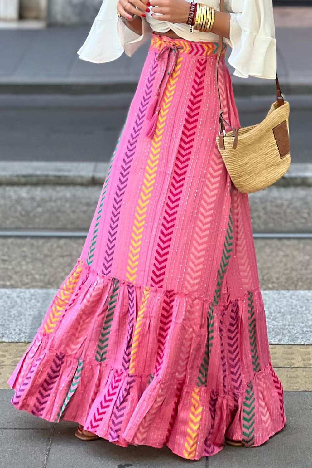 Pink Boho Printed Tasseled Drawstring Ruffled Maxi Skirt