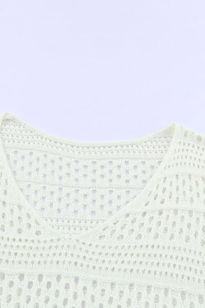 White Hollow Out Crochet V Neck Pullover Sweater