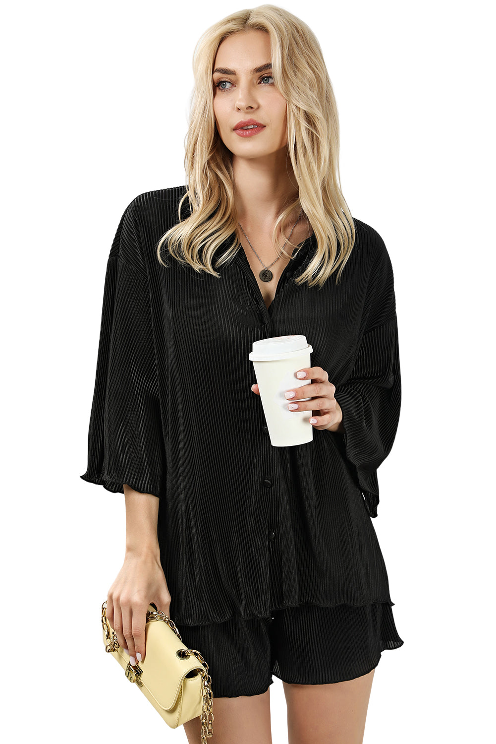 Black 3/4 Sleeves Pleated Shirt and High Waist Shorts Lounge Set