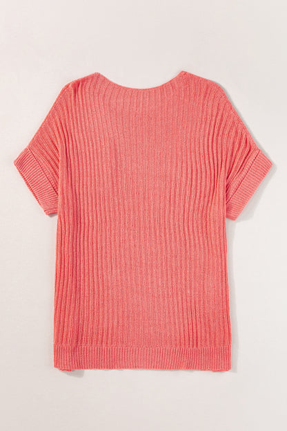 Fresh Salmon Rolled Cuffs Loose Knit Tee with Slits