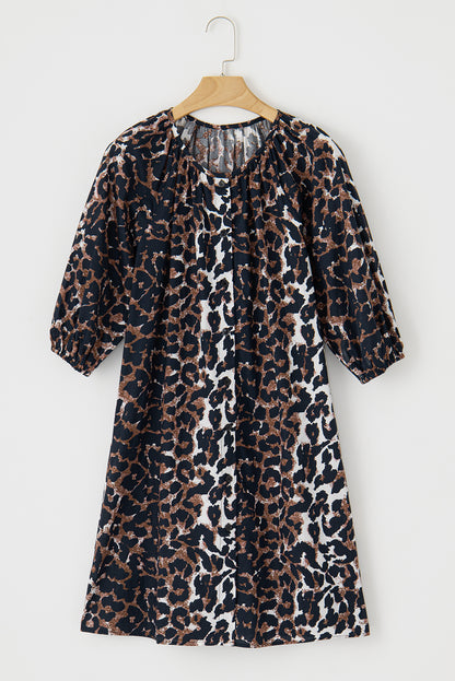 Black Leopard Puff Sleeve Buttons Front Shirt Dress