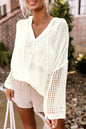 White Open Knit Long Sleeve Pocketed Hooded Sweater