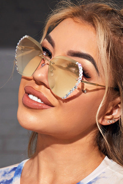 Brown Rhinestone Trim Rimless Sunglasses