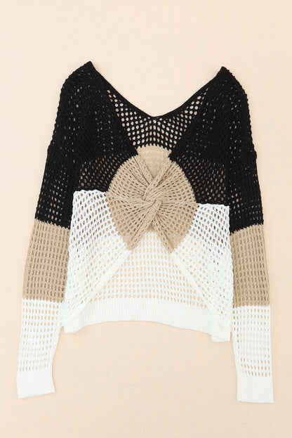 Black Color Block Eyelet Long Sleeve Twisted Back Knit Top