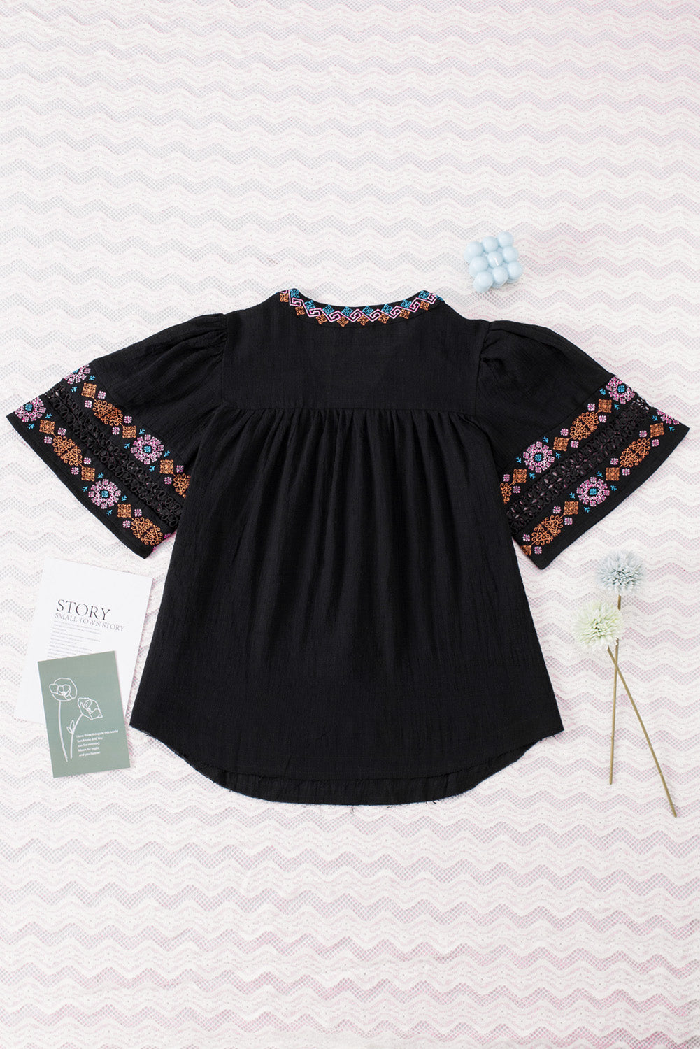 Black Tassel Drawstring Embroidered Half Sleeve V Neck Top