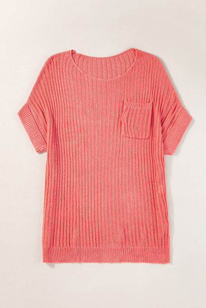 Fresh Salmon Rolled Cuffs Loose Knit Tee with Slits