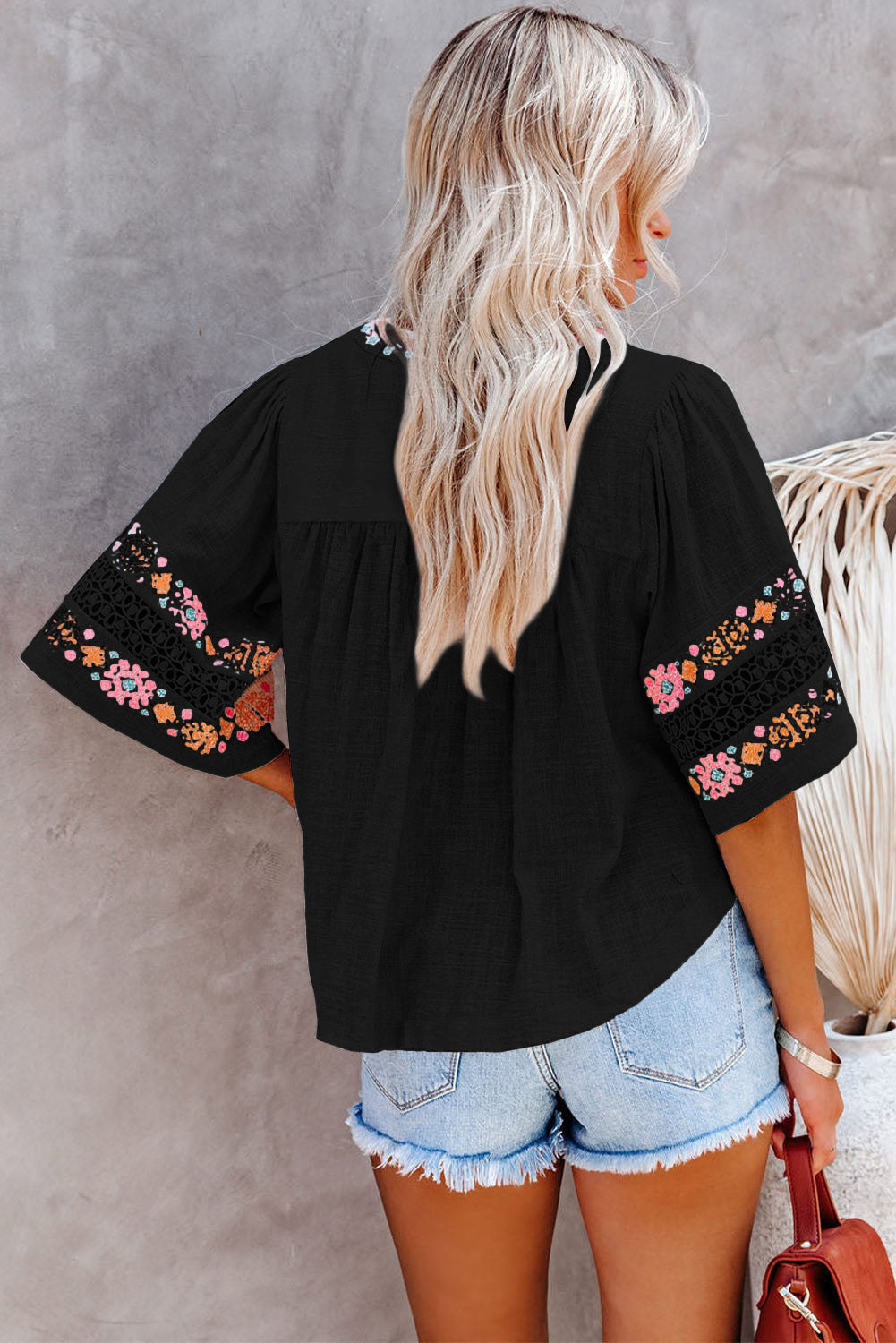 Black Tassel Drawstring Embroidered Half Sleeve V Neck Top