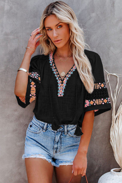 Black Tassel Drawstring Embroidered Half Sleeve V Neck Top