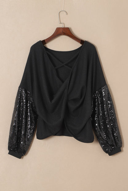 Black Sequin Patchwork Sleeve Open Back Waffle Knit Top