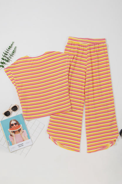 Yellow Stripe Rainbow Tee Tasseled String Wide Leg Pants Set