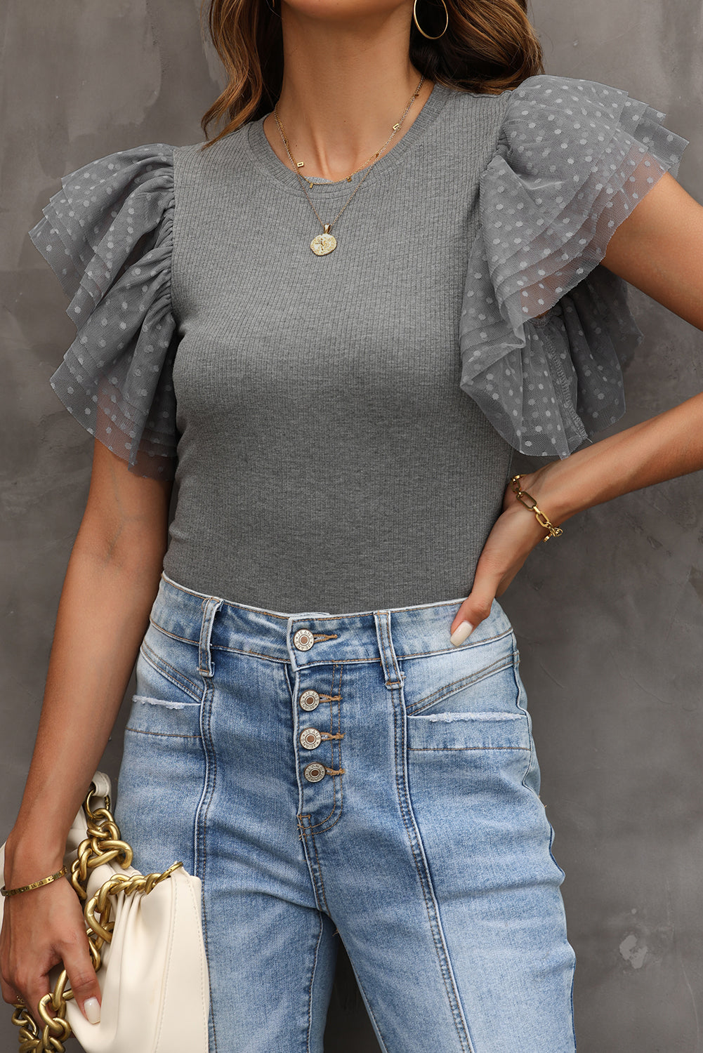 Gray Dotty Mesh Ruffle Sleeve Ribbed Knit Top