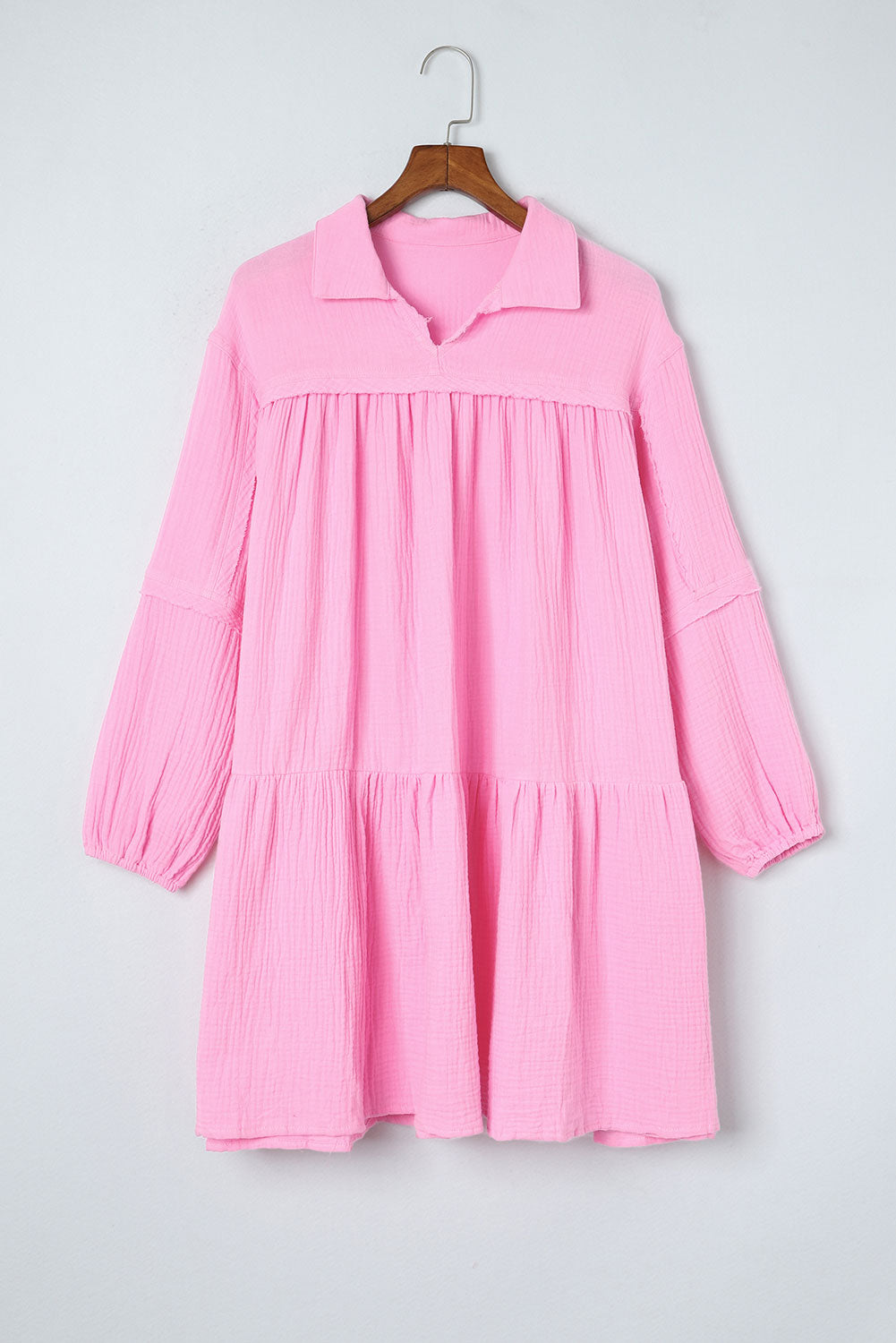 Pink Turn-down Neck Textured Bubble Sleeve Dress