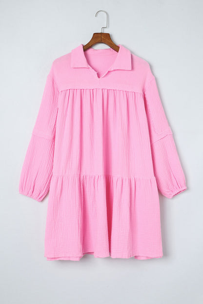 Pink Turn-down Neck Textured Bubble Sleeve Dress