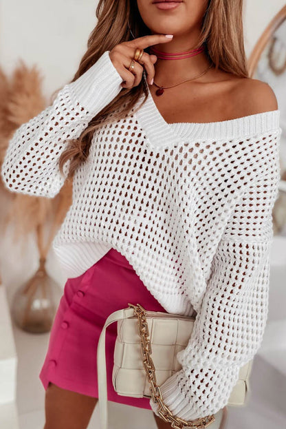 White Hollow Out Knitted Loose Fit V Neck Sweater