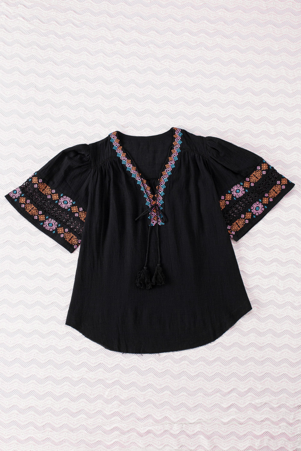 Black Tassel Drawstring Embroidered Half Sleeve V Neck Top